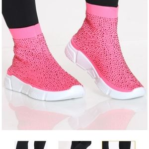 WOMENS RHINESTONE HOT PINK WHITE SLIP ON SNEAKER